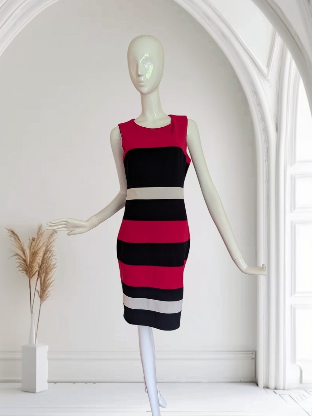 Tommy Hilfiger Sleeveless Colorblock Midi Dress in Hot Pink, Black & Cream